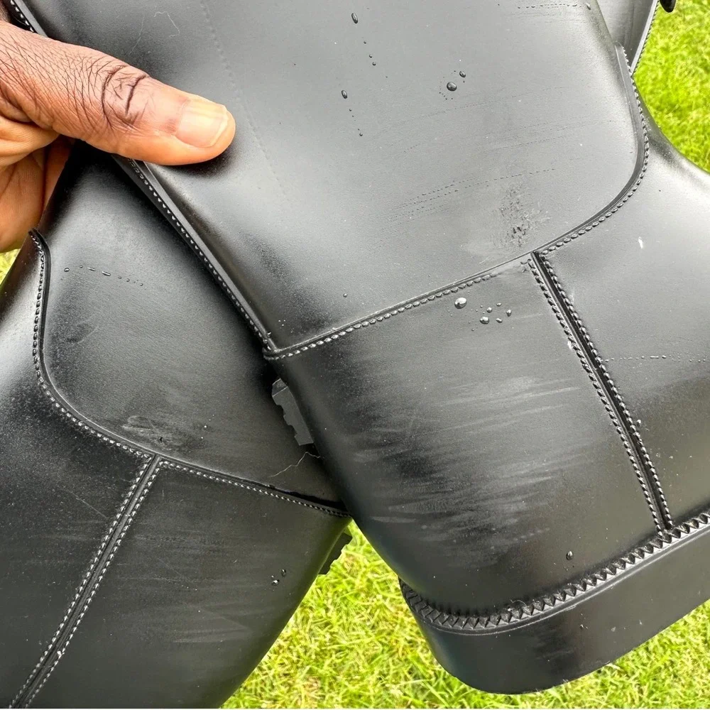 Burberry Black Rubber Rain‎ Boots Check Lined Buckle Strap Riding Boots Size 40